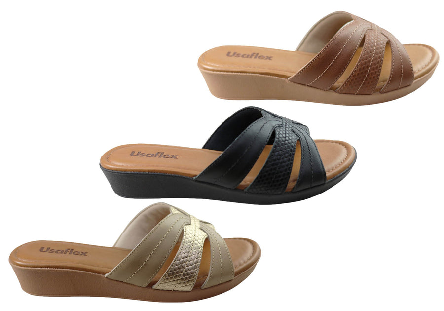 Usaflex Erin Womens Comfort Leather Slides Sandals Made In Brazil