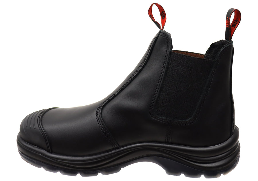 KingGee Mens Black Tradie Gusset Steel Cap Safety Boots With Scuff Cap