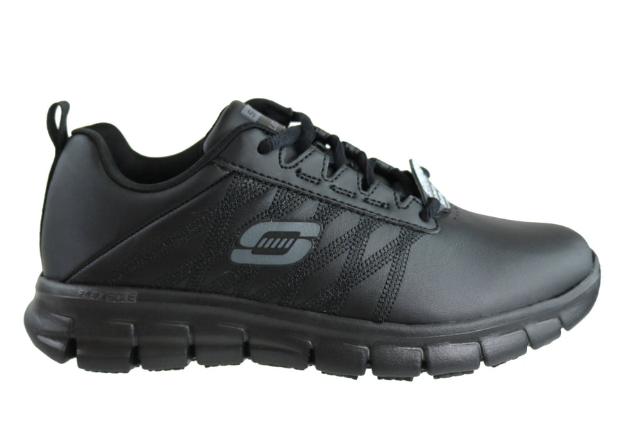 Skechers black leather 2025 slip on shoes