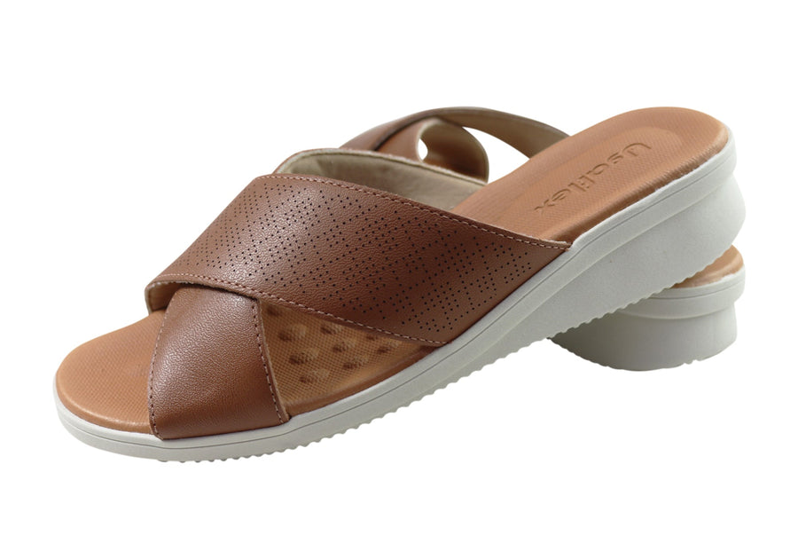 Usaflex Ginni Womens Comfort Leather Slides Sandals Made In Brazil