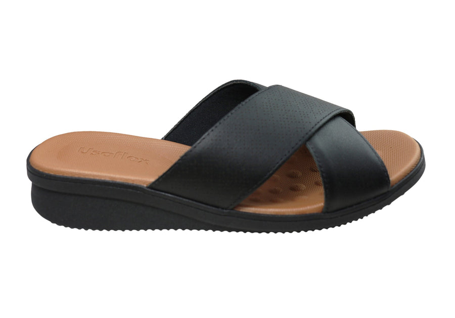 Usaflex Ginni Womens Comfort Leather Slides Sandals Made In Brazil