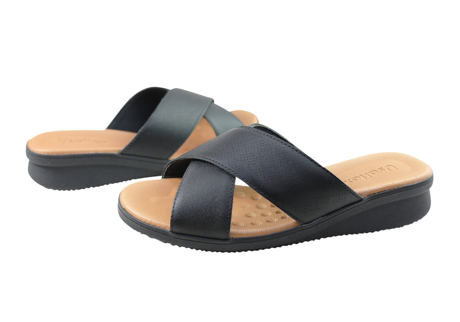 Usaflex Ginni Womens Comfort Leather Slides Sandals Made In Brazil