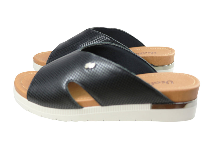 Usaflex Evoke Womens Comfort Leather Slides Sandals Made In Brazil