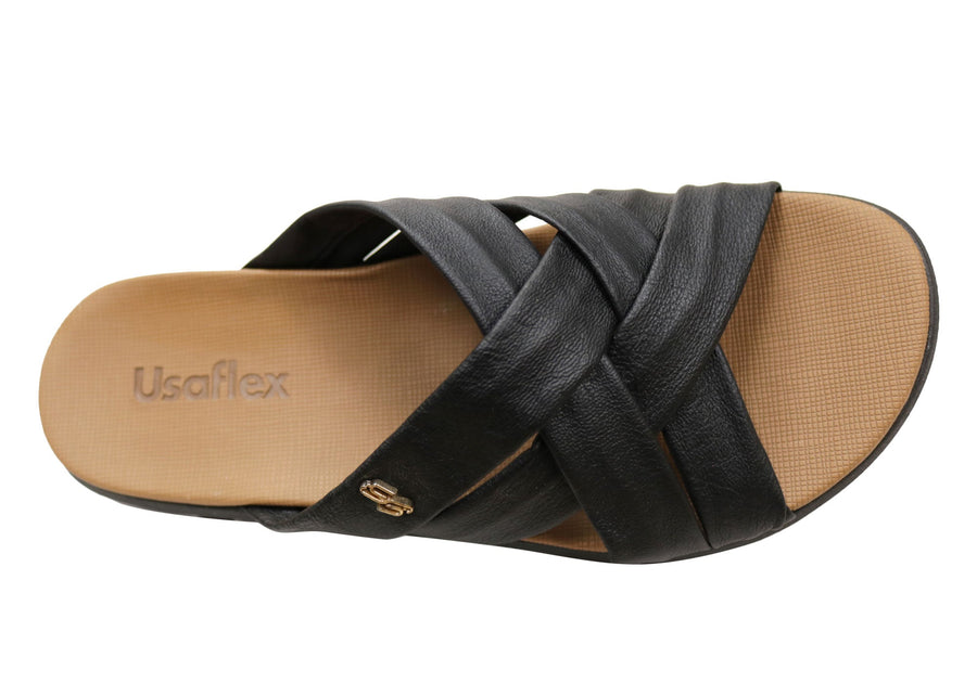 Usaflex Asta Womens Comfort Leather Slides Sandals Made In Brazil