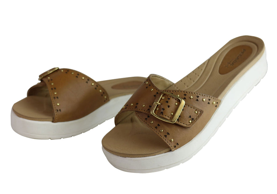 Pegada Lea Womens Cushioned Leather Sandals Slides Made In Brazil