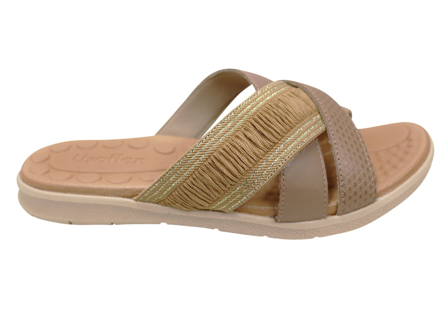 Usaflex Crescent Womens Comfort Leather Slides Sandals Made In Brazil