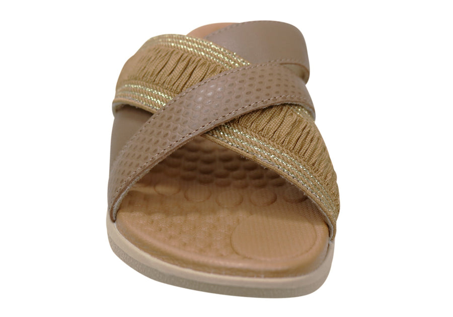 Usaflex Crescent Womens Comfort Leather Slides Sandals Made In Brazil