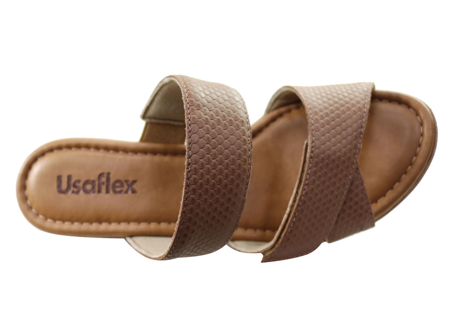 Usaflex Araceli Womens Leather Wedge Slides Sandals Made In Brazil