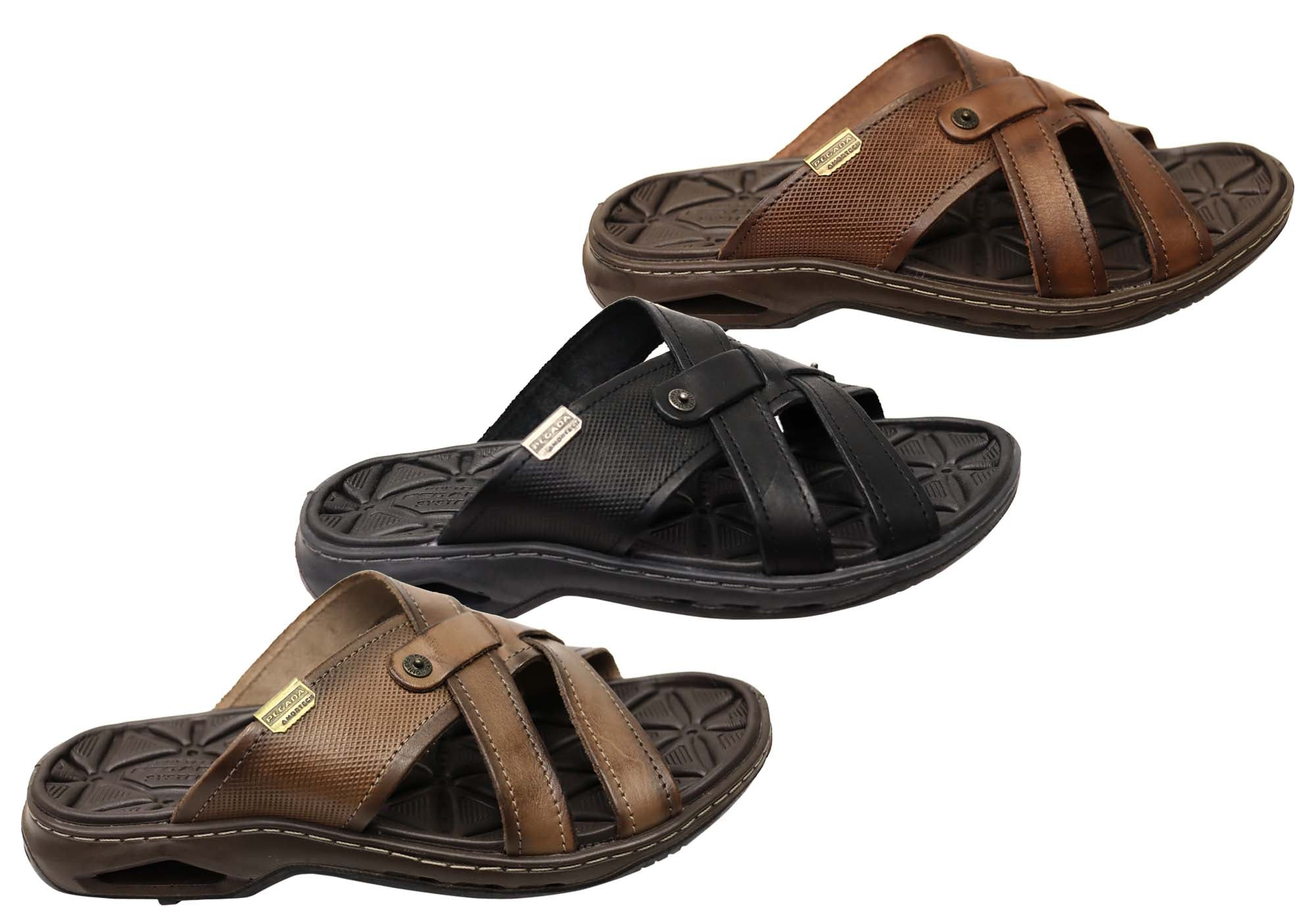 Pegada Carvo Mens Comfortable Leather Slides Sandals Made In Brazil