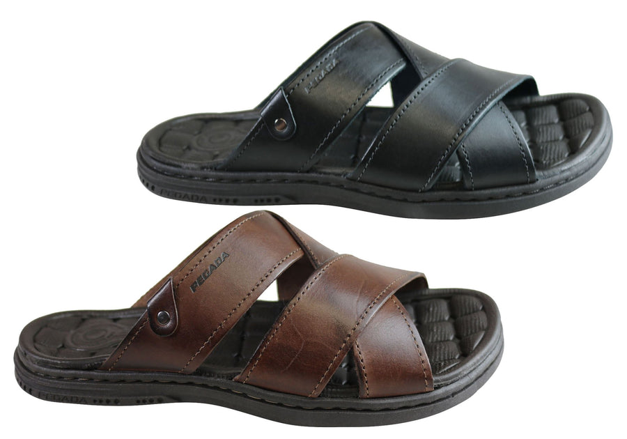 Pegada Belmain Mens Leather Cushioned Slide Sandals Made In Brazil