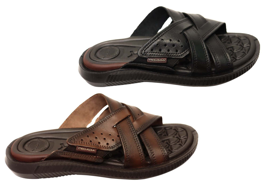 Pegada Freddie Mens Comfortable Leather Slides Sandals Made In Brazil