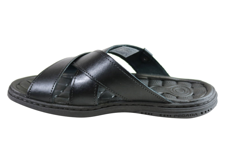 Pegada Belmain Mens Leather Cushioned Slide Sandals Made In Brazil