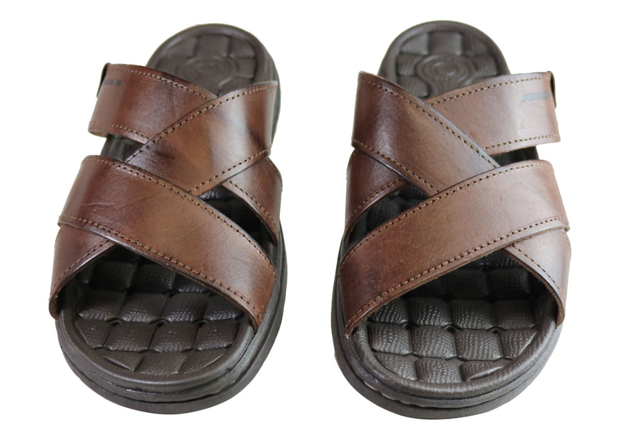 Pegada Belmain Mens Leather Cushioned Slide Sandals Made In Brazil