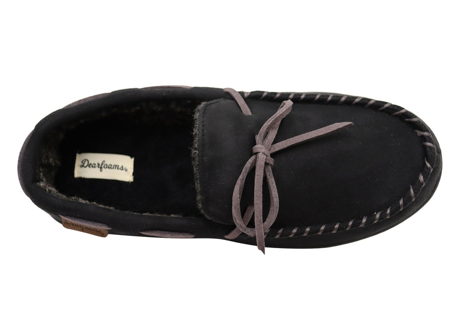 Dearfoams Mens Toby Microsuede Moccasin With Whipstitch & Tie Slippers